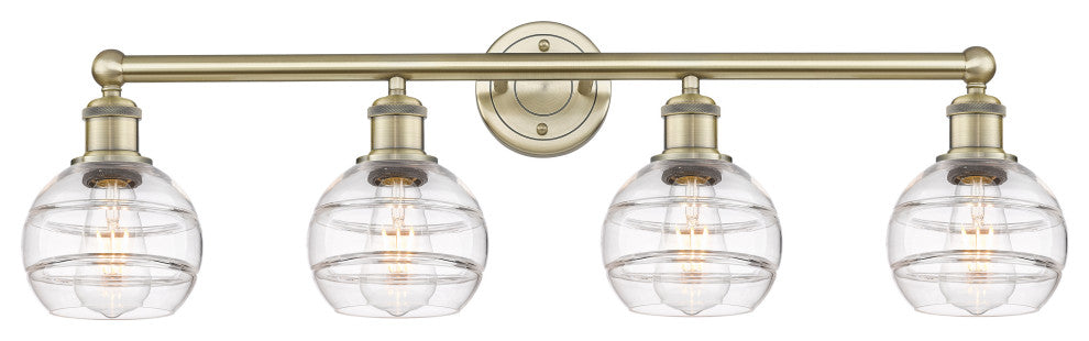Edison-Rochester 4-Light 33" Bath Vanity Light, Antique Brass, Clear