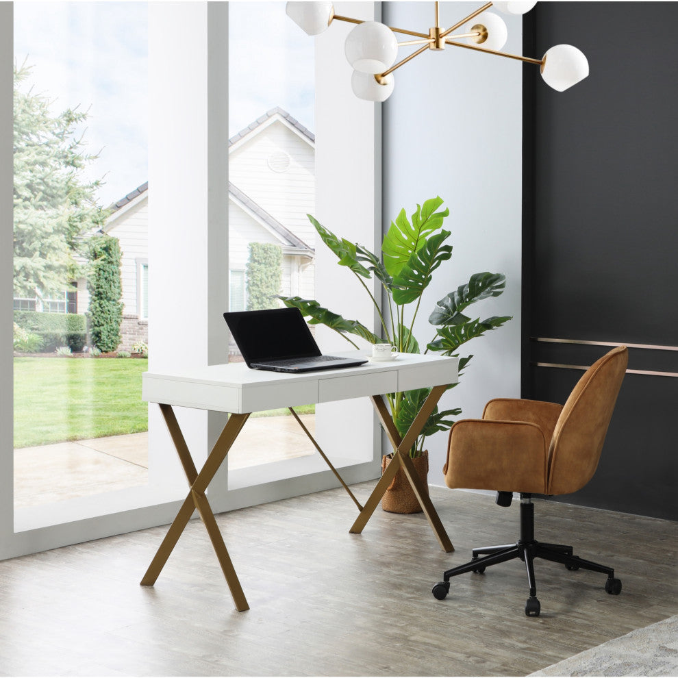 Loft Lyfe Clint Desk, 1 Storage Drawer, White/Gold 43.3Lx21.7Wx30H