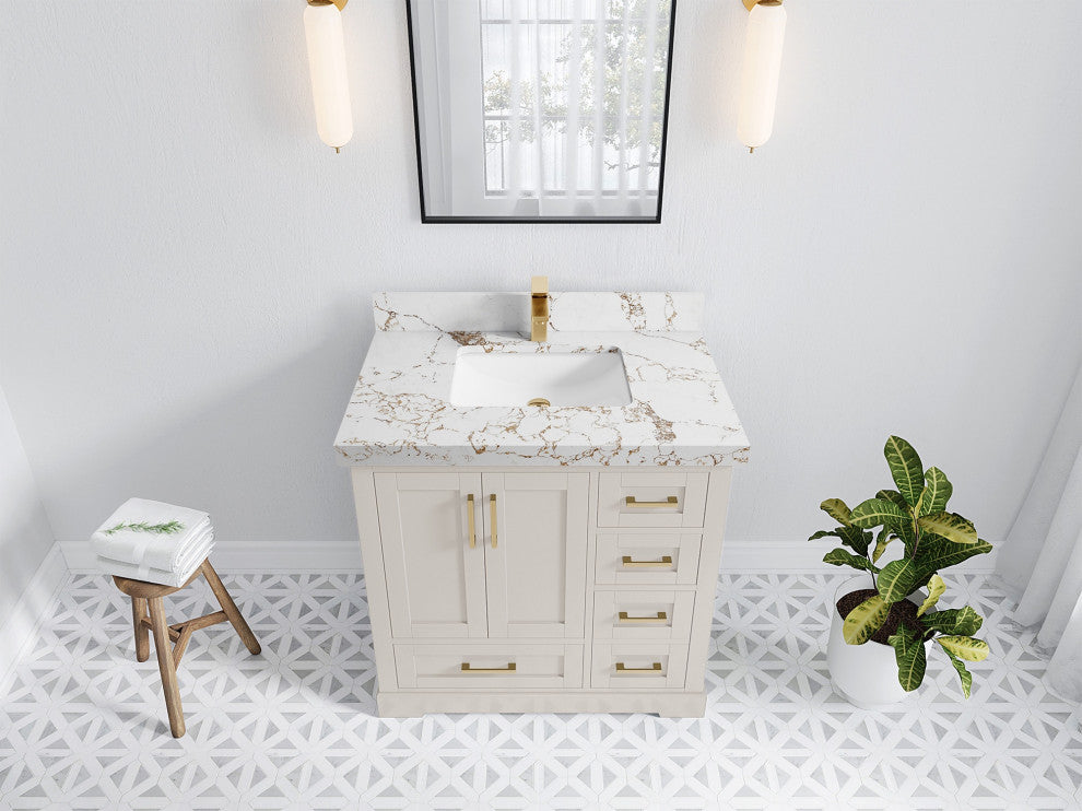 Boston 36" Center Sink Bath Vanity in Fine Grain 2" Viola Gold