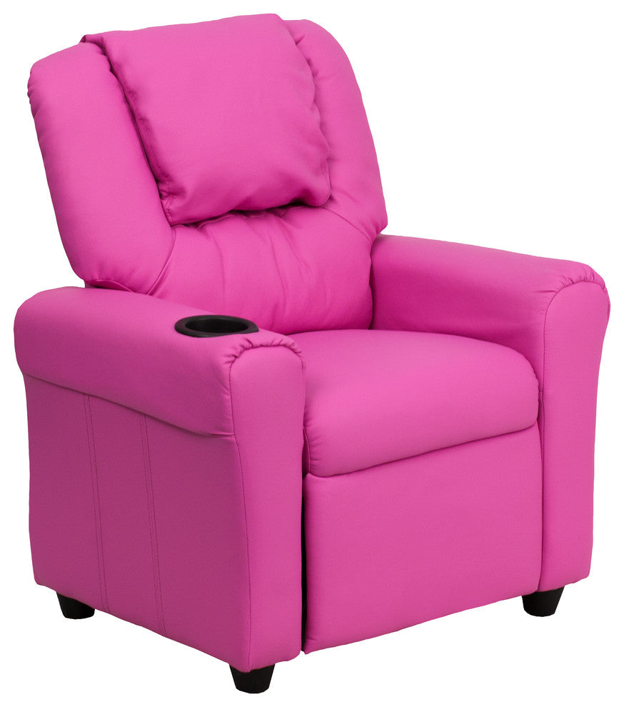 Contemporary Hot Pink Vinyl Kids Recliner With Cup Holder and Headrest