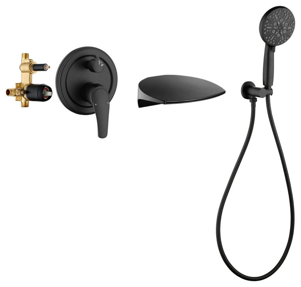 Single Handle Wall Mounted Waterfall Faucet With Handshower, Matte Black