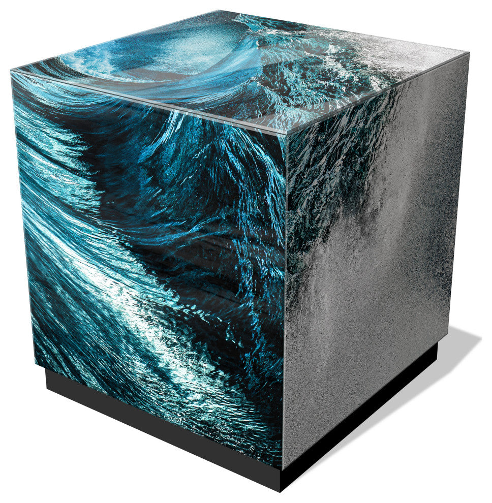 "Sapphire Sea" Printed Beveled Art Glass Table, Black Base, 22" X 22" X 22"