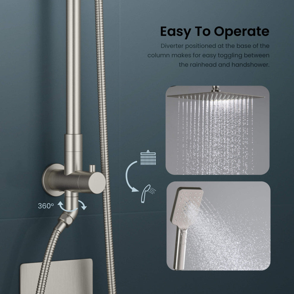 Cube 2-Function Shower Column, Rough, Valve, Brushed Nickel