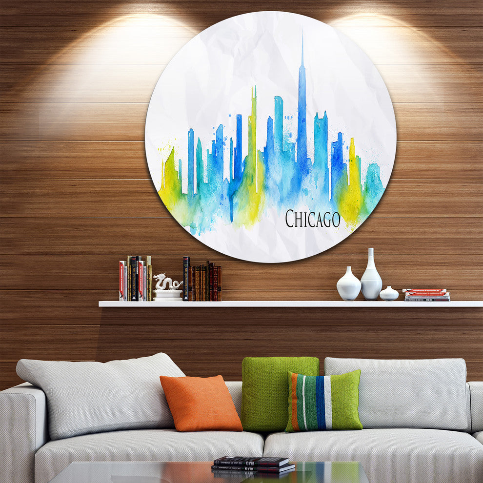 Chicago Blue Green Silhouette, Cityscape Disc Metal Wall Art, 23"