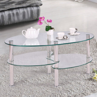 Costway Tempered Glass Oval Side Coffee Table Shelf Chrome Base Room Clear