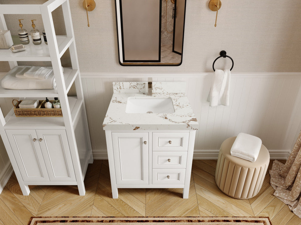 Nashville 30" Single Sink Bath Vanity, White 2" Viola Gold