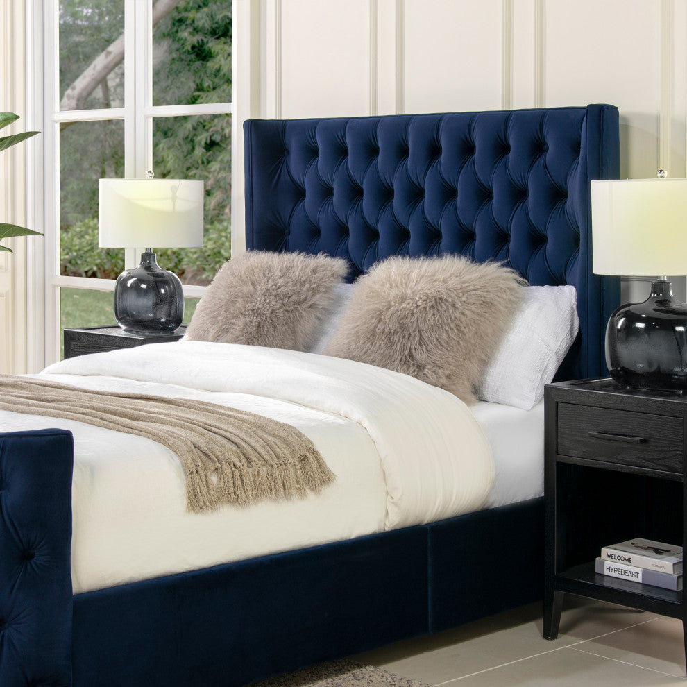 Brooklyn Tufted Sheltered Wingback Panel Bed, Navy Blue, Queen