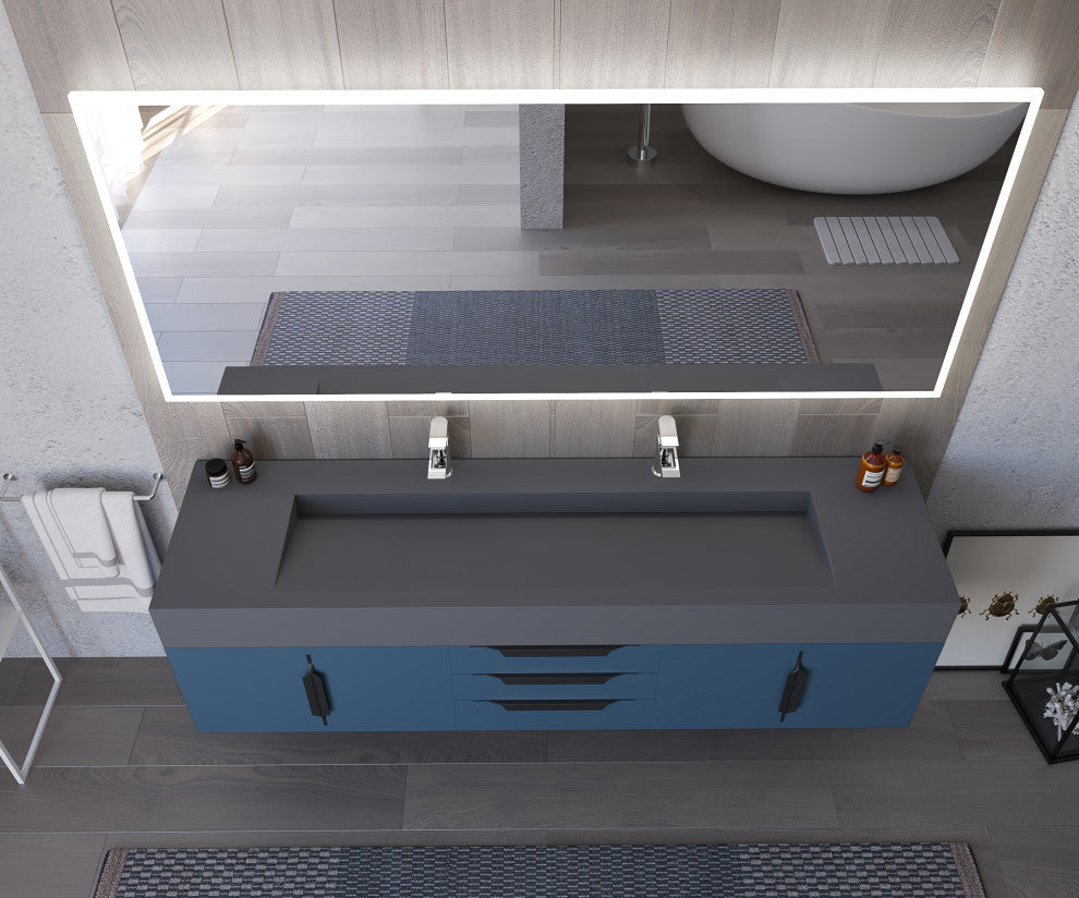 CastelloUSA Nile 72" Wall Mounted Bathroom Vanity Set, Blue, Gray Top, Black Handles