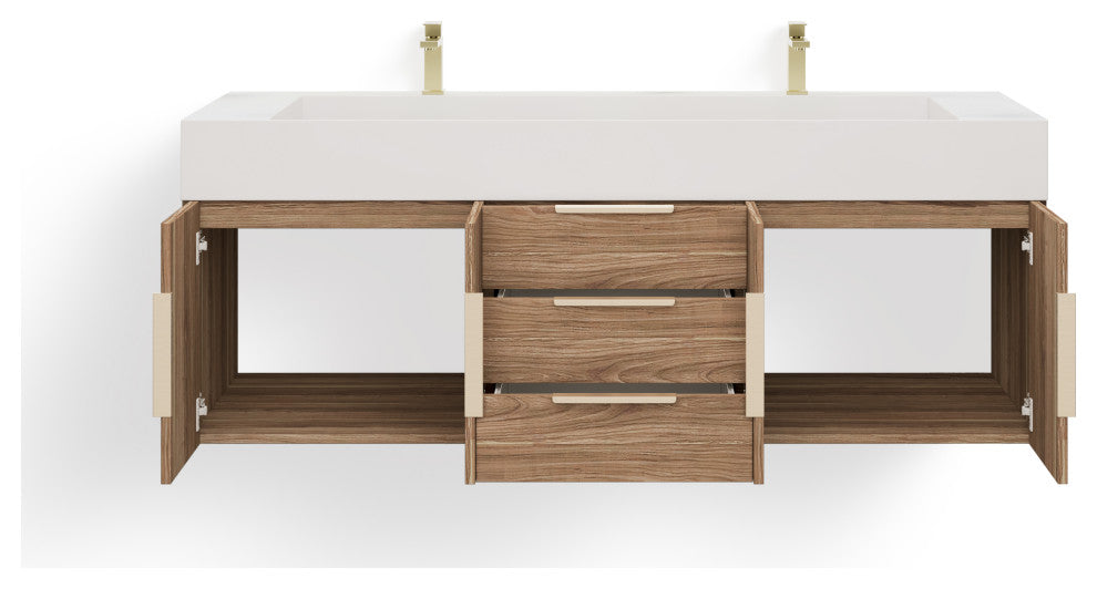 The Burke Bathroom Vanity, White Oak, 60", Double Sink, Wall Mount