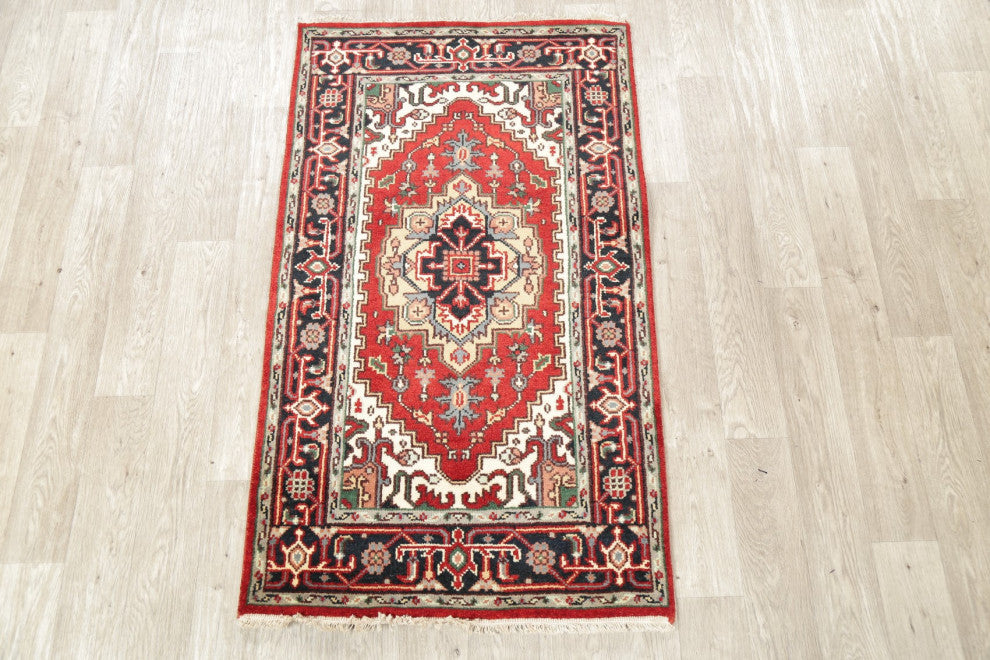 Hand-Knotted Oriental Traditional Indian Heriz Area Rug, Red, 5'1"x3'1