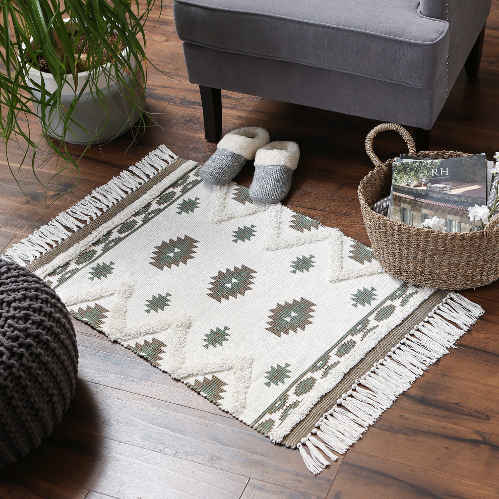 Brown And Green Printed Off-White Hand-Loomed Shag Rug 2x3 ft.