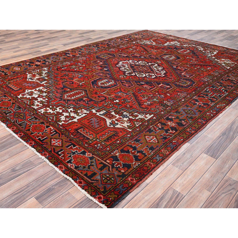 Raspberry Red Worn Wool Hand Knotted Semi Antique Persian Heriz Rug 7'9"x11'