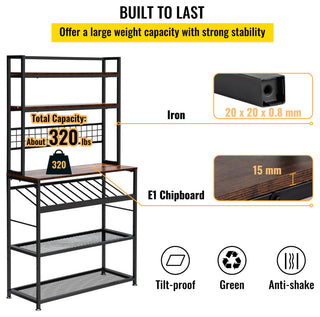VEVOR Kitchen Bakers Rack with Cabinet 6-Tier Storage Shelf Rack 11 Hooks 65"H