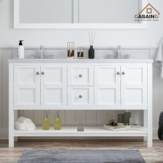 CASAINC 60" Marble Top Luxury Double Sink Bathroom Vanity, White