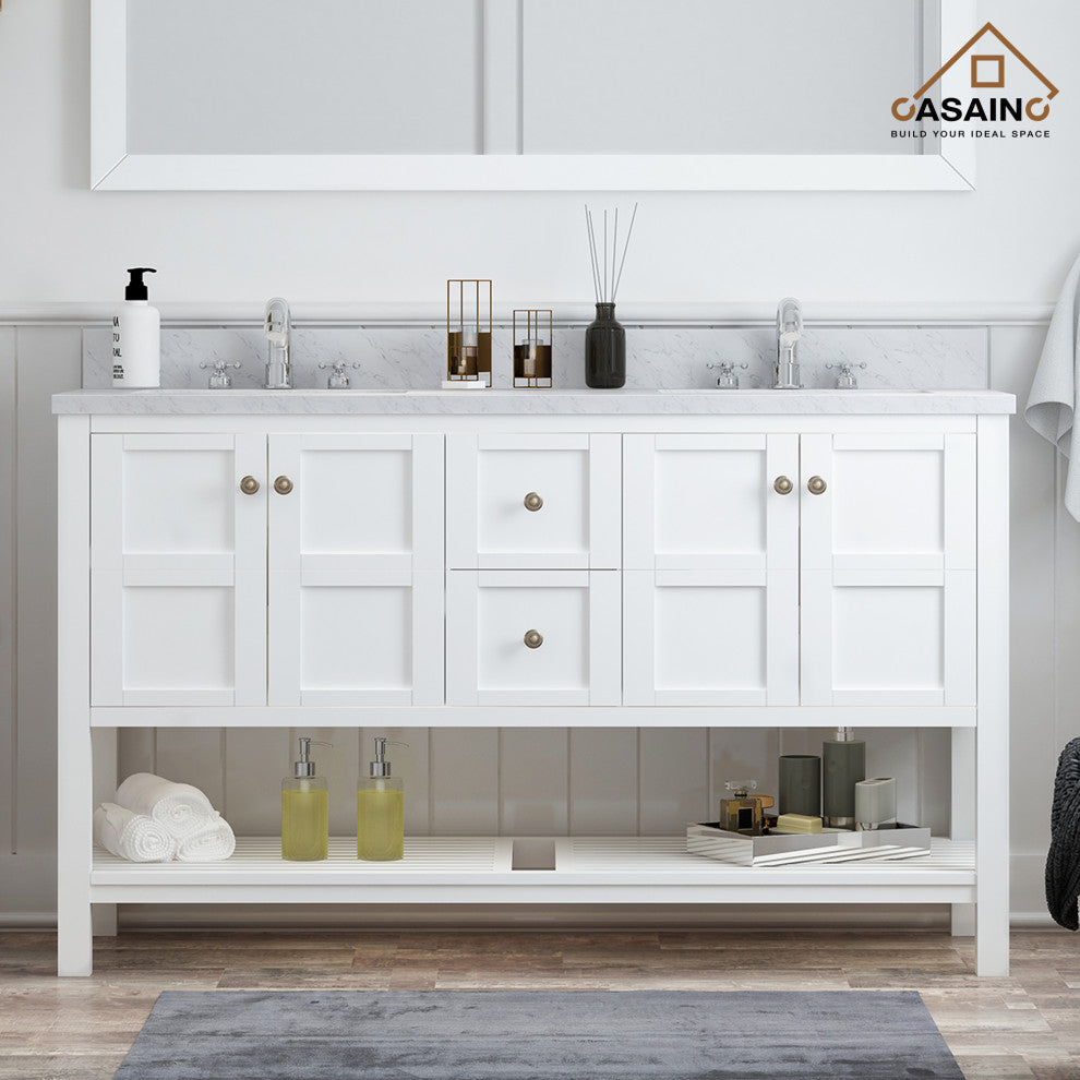 CASAINC 60" Marble Top Luxury Double Sink Bathroom Vanity, White