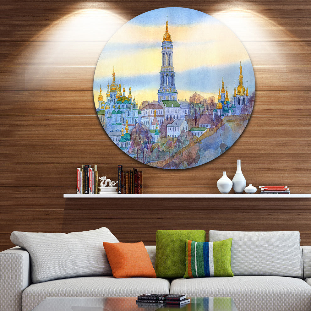 Monastery On Steep Hill, Cityscape Painting Disc Metal Artwork, 11"