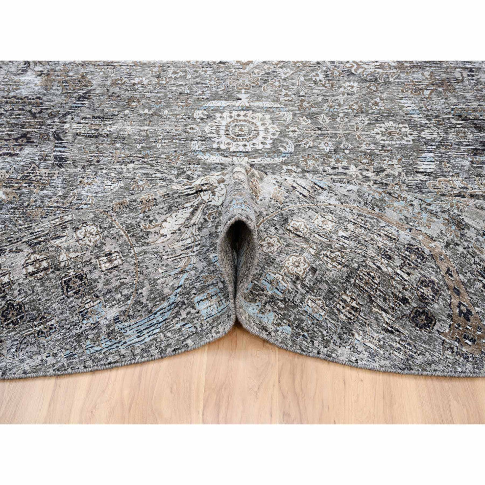Gray, Silk with Textured Wool, Hand Knotted, Modern, Round, Rug, 11'10" x 11'10"