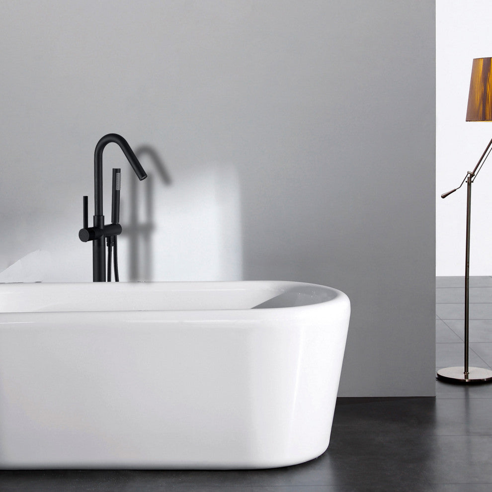 Floor Mounted Stainless Steel Handle Bathtub Faucet, Handheld, Matt Black