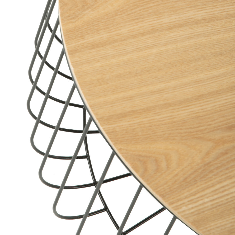 LeisureMod Runswick Round Coffee Table With Black Wire Steel Frame, Natural Wood