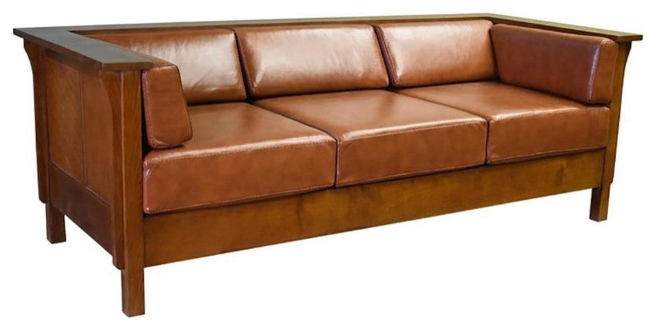 Arts and Crafts / Craftsman Cubic Panel Side Sofa - Russet Brown Leather (RB2)