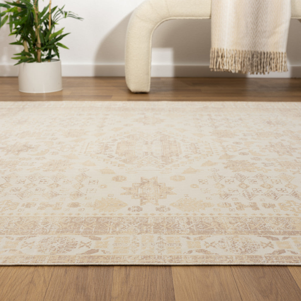 Ayla Beige Traditional Bordered Waterproof Area Rug, 2' X 5'