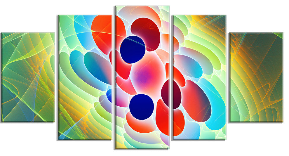 Red Blue Fractal Virus Design, Contemporary Art on Canvas, 60"x32", 5 Panels