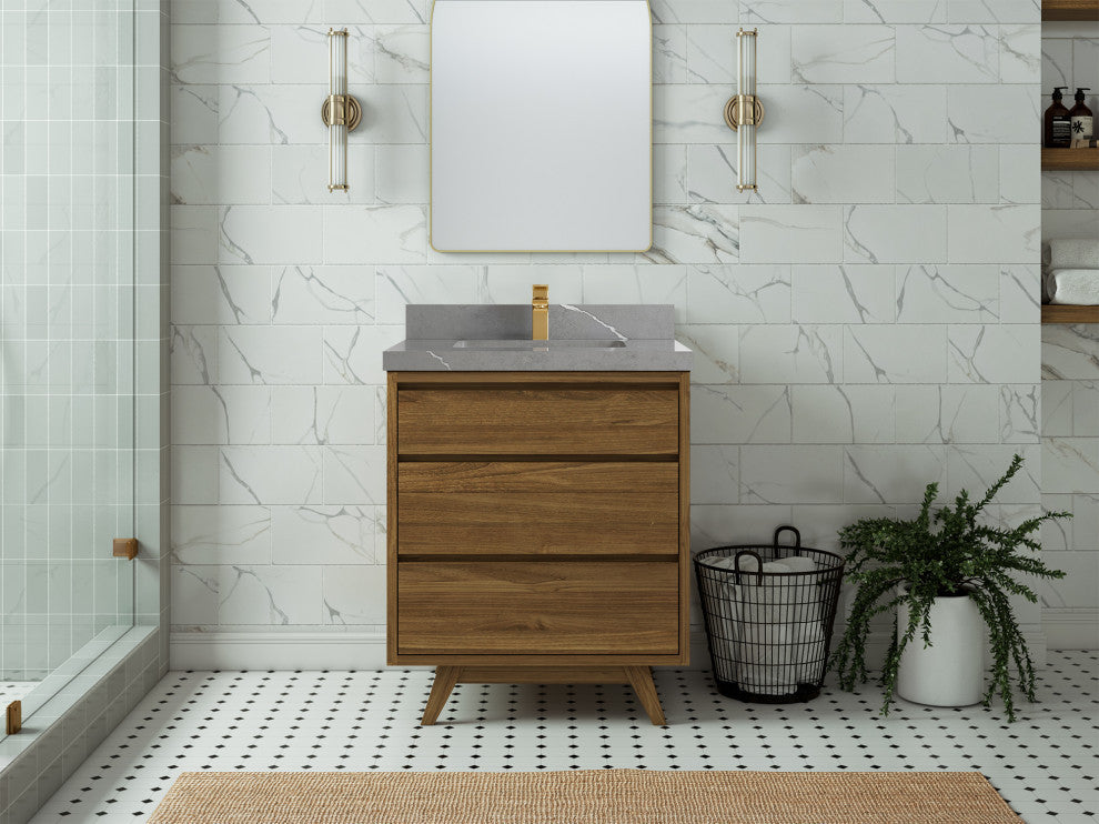 Madison  Teak 30 Single Sink Bath Vanity Golden Teak 2" Piatra Gray Quartz