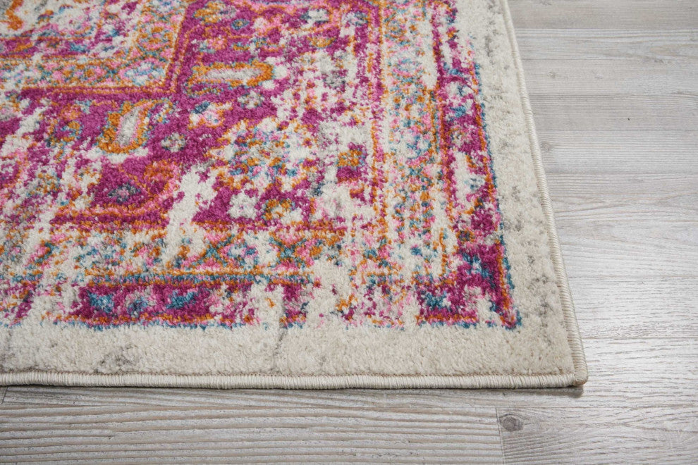8 x 10' Ivory and Fuchsia Distressed Area Rug