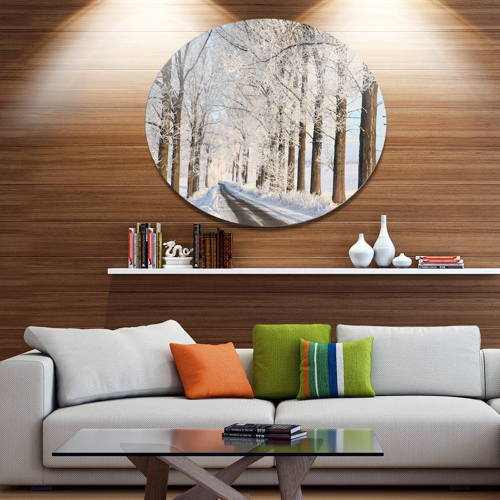 Beautiful Winter Lane At Morning, Forest Round Metal Wall Art, 11"