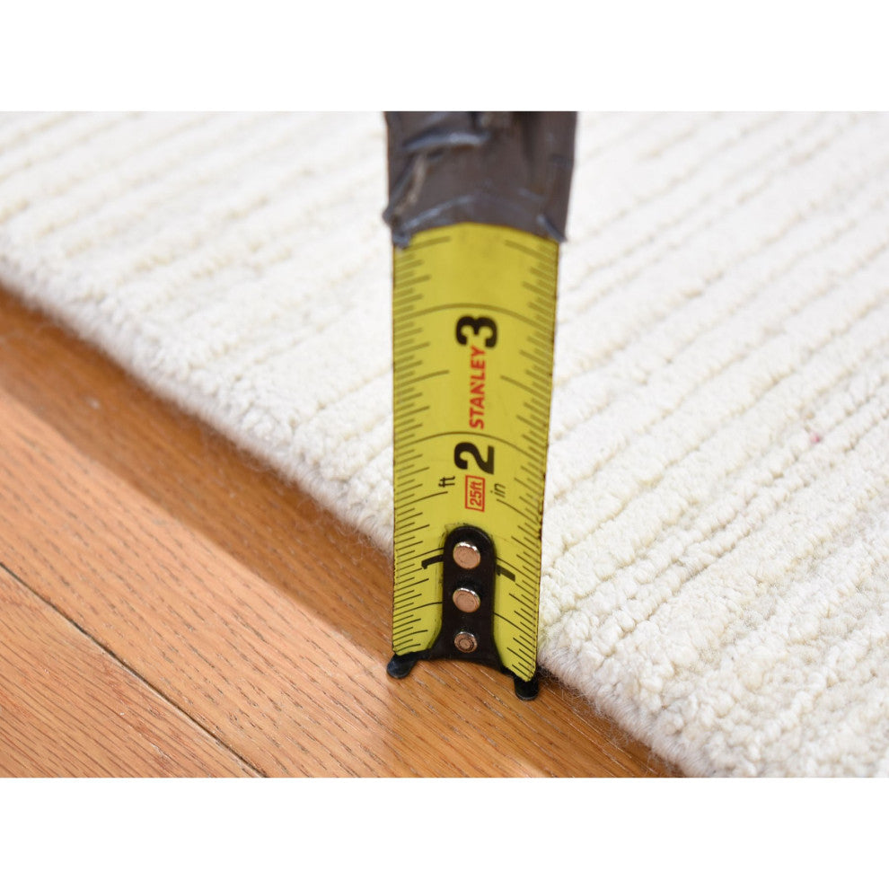 Ivory Modern Stripe Design Hand Loomed Silk With Textured Wool Rug, 2'1"x2'1"