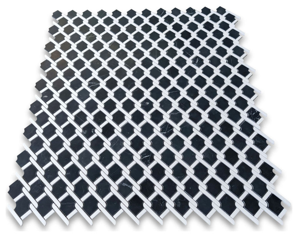 Nero Marquina Black Marble Princess Weave Rope Mosaic Tile White, 1 Sh
