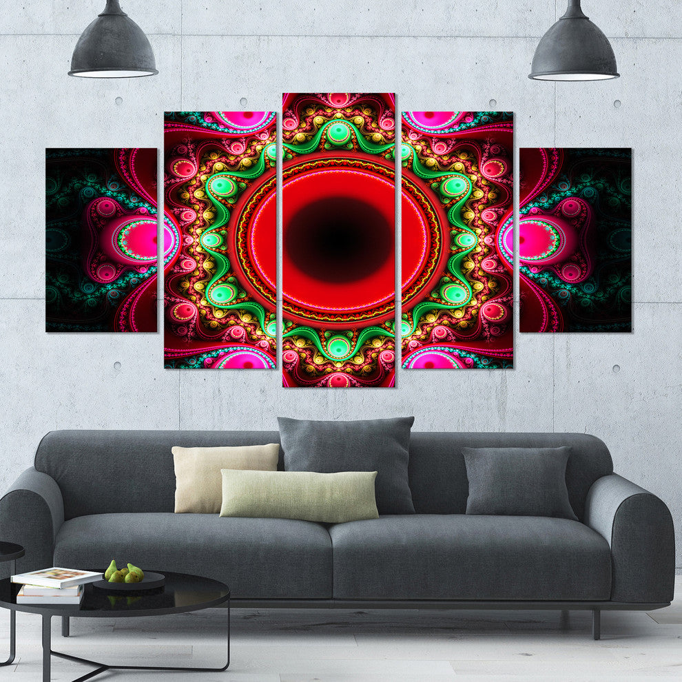 Pink Wavy Curves and Circles, Contemporary Canvas Art Print, 60"x32", 5 Panels