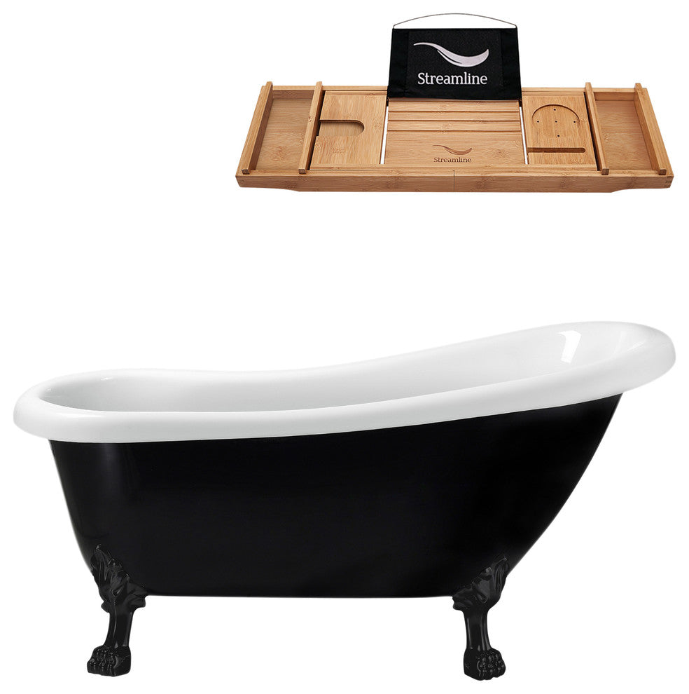 61" Black Clawfoot Tub and Tray, Black Feet, Chrome Internal Drain