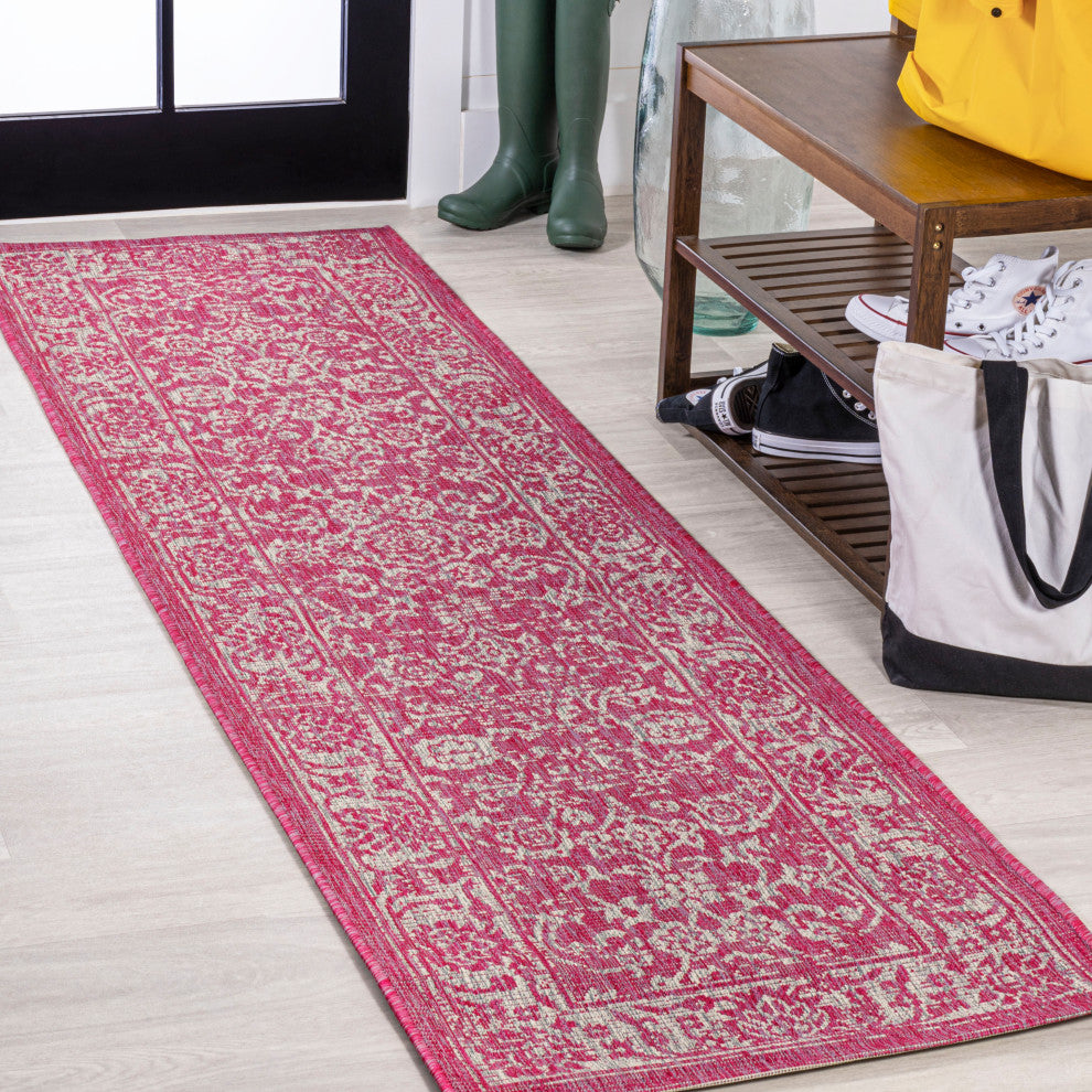 Tela Boho Textured Weave Floral Indoor/Outdoor Rug, Fuchsia/Light Gray, 2 X 10