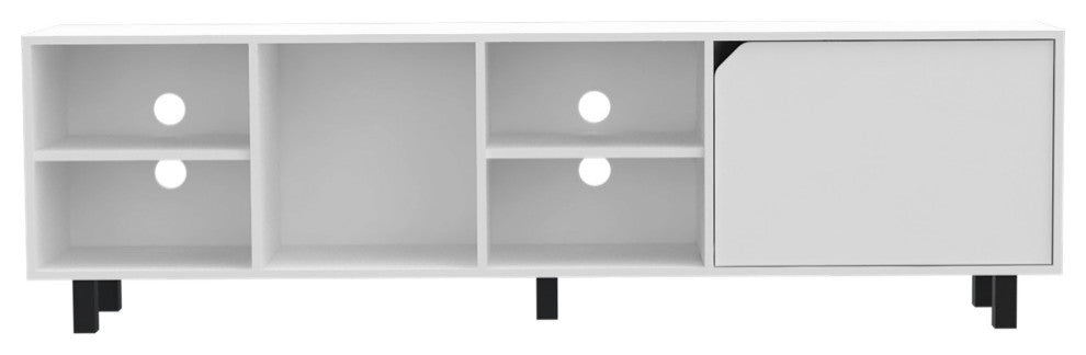 Native TV Stand for TVs up 70" with 5 Open Shelves, Cabinet, and 5 Legs, White