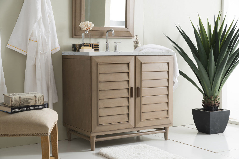 James Martin 620-V36-WW-3ENC 36" Whitewashed Walnut Single Vanity + Quartz Top