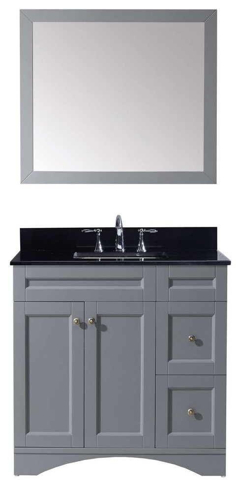 Virtu Elise 36" Single Bathroom Vanity, Gray , Black Granite Top, Mirror