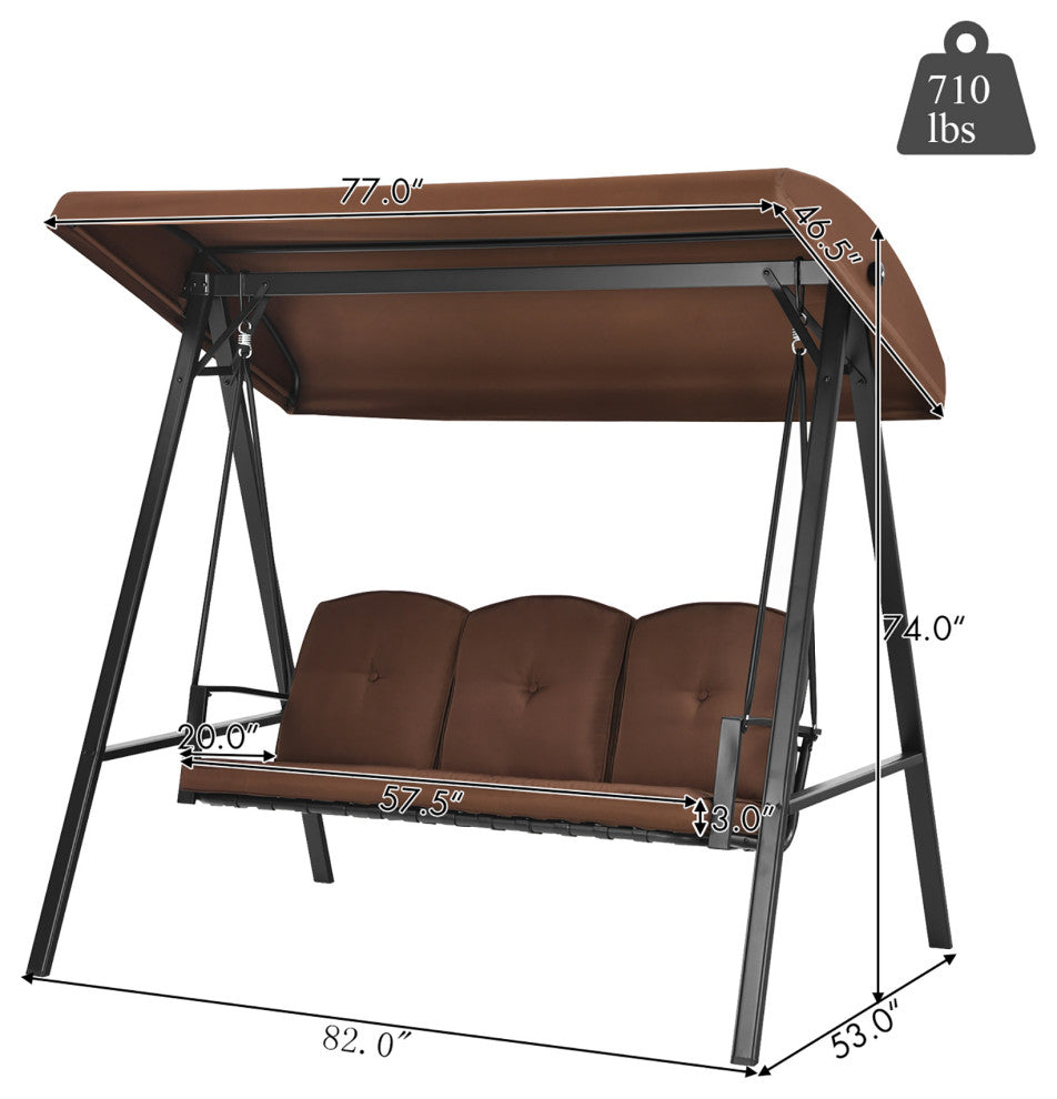 Costway Outdoor 3-Seat Porch Swing with Adjust Canopy and Cushions Brown