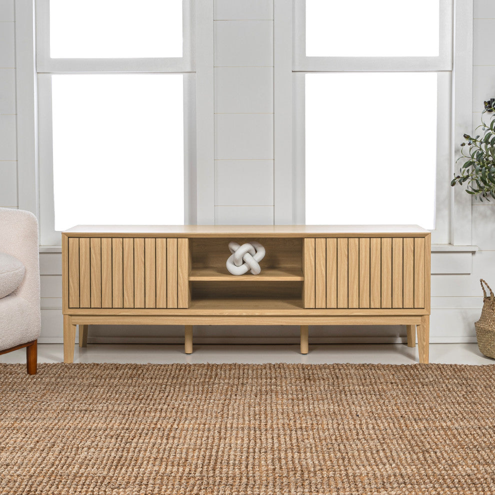 3-Storage Sliding Door TV Stand Fits TVs up to 65 in. with Cable Management, Oak