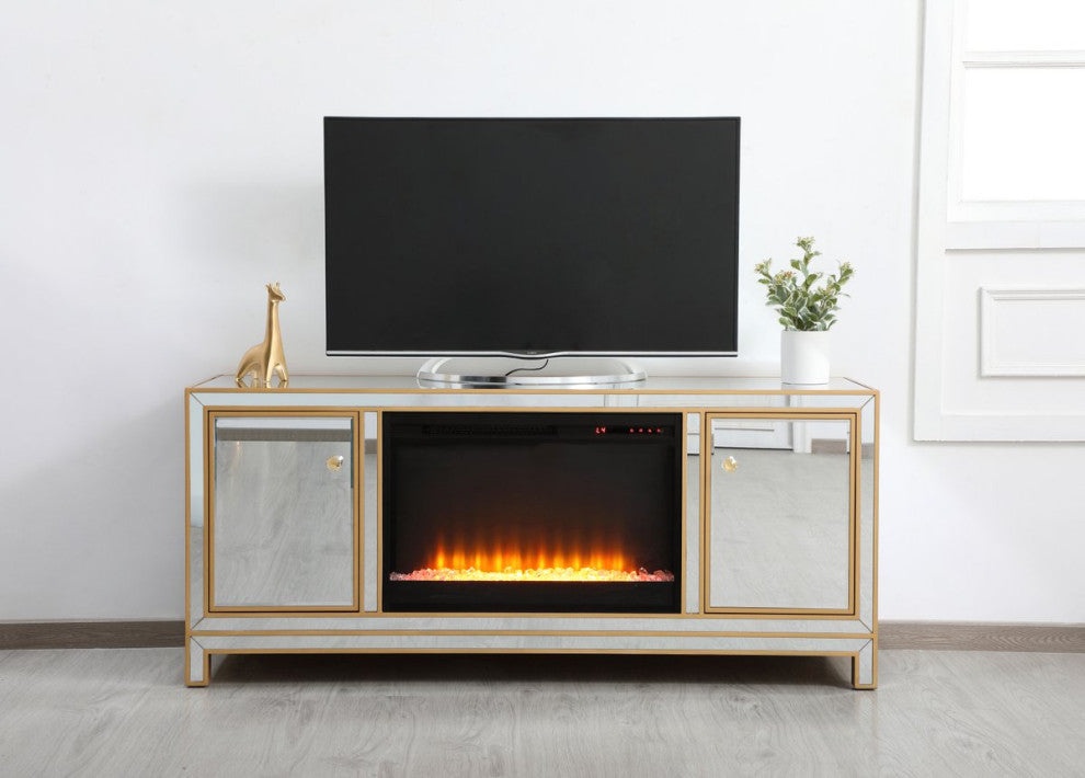 Rosie 60" Mirrored TV Stand With Crystal Fireplace, Gold