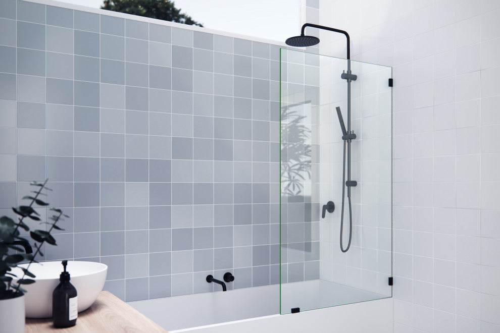 58.25"x34" Frameless Shower Bath Fixed Panel, Matte Black