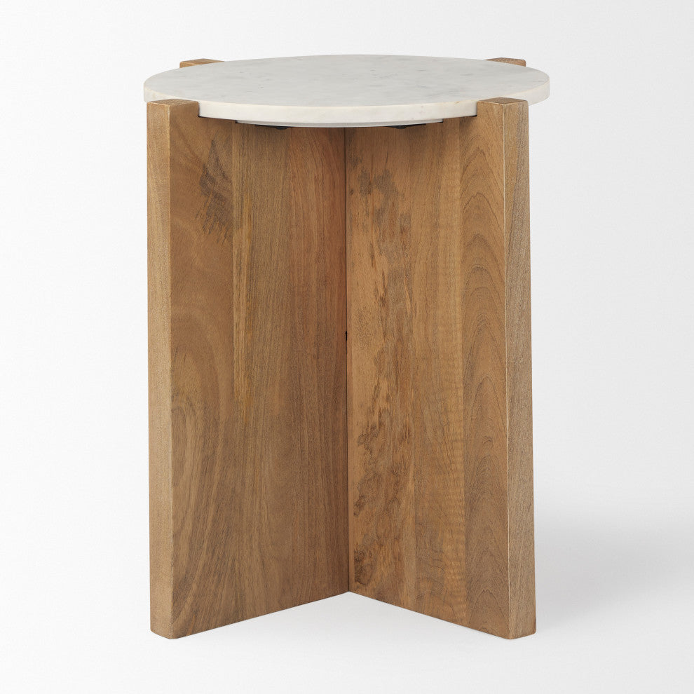 Bianca Light Brown Solid Wood w/ White Marble Top Accent Table