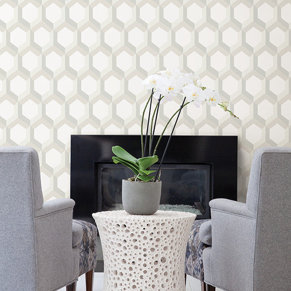 Honeycomb Hexagonal Geometric 3D Wallpaper, Beige & White, Bolt