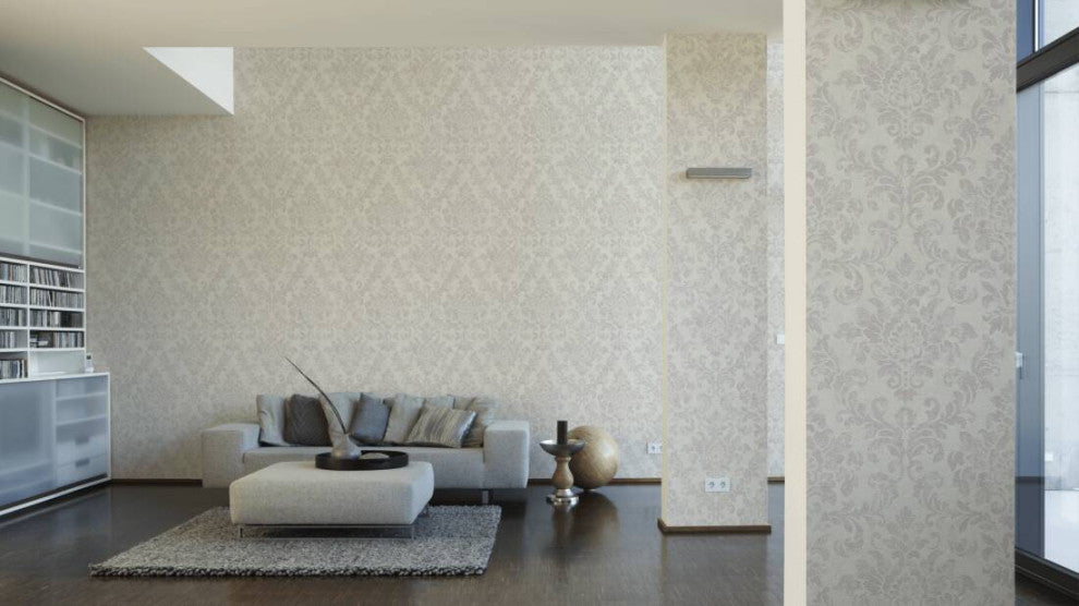 Damask Textured Wallpaper, Ornaments, 374133, White Gray Silver Pink, 1 Roll