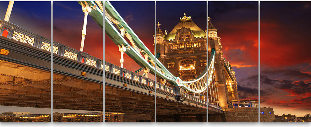 Famous Tower Bridge at Night, Modern Cityscape Canvas Print, 70"x28", 6 Panels