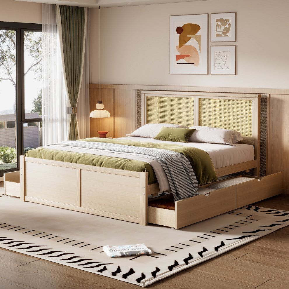 Gewnee Queen Size Wood Storage Platform Bed with 4 Drawers
