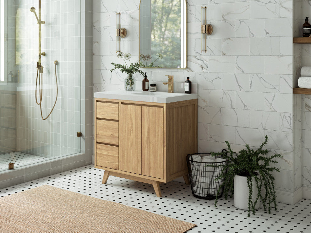 Madison Teak 36 Right Offset Bath Vanity in Light Natural 2" Piatra Gray