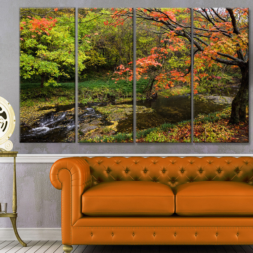 Fall Trees in Bright Colors, Landscape Canvas Art Print, 48"x28", 4 Panels
