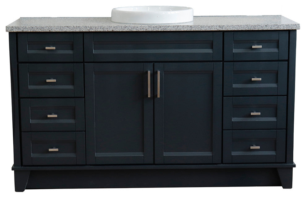 61" Single Sink Vanity, Dark Gray Finish And Gray Granite And Round Sink