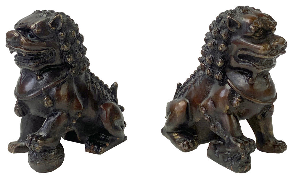Pair Chinese Oriental Brown Color Metal Fengshui Foo Dog Figures Hws2493